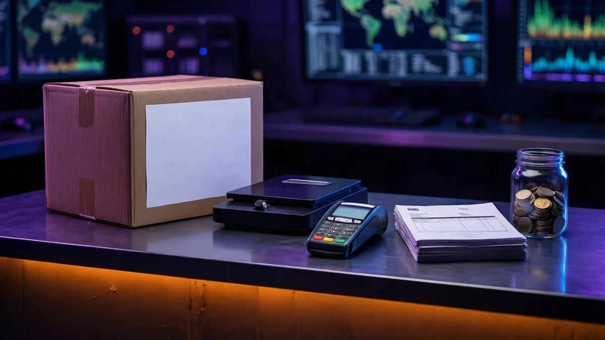 A cardboard box with a white label sits on a dark desk beside a black safe, a card reader, a stack of papers, and a glass jar of coins.
